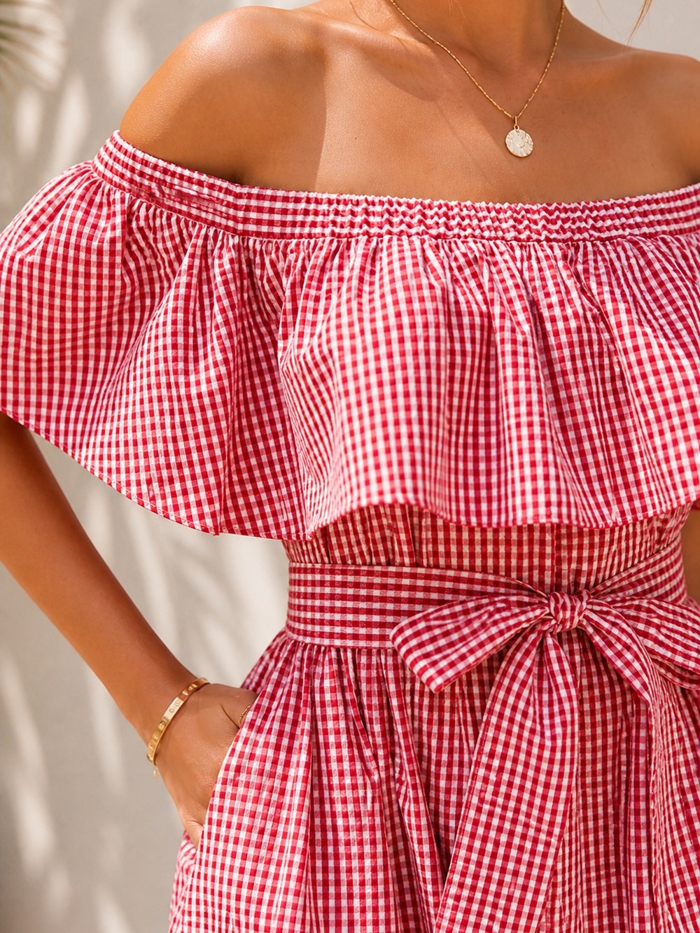 SHEIN Red Gingham One-Shoulder Ruffle Dress - Picture 5 of 5